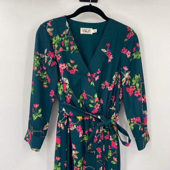 Eliza J Fit & Flare Dress V Neck Surplice Floral Birds Print Midi Green Womens 0 - Picture 3 of 7